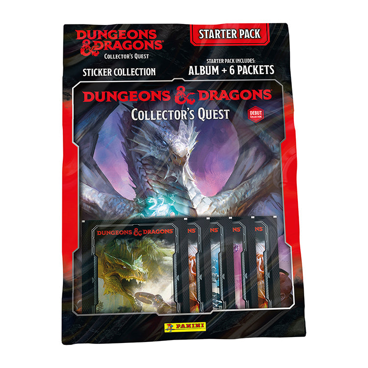 Dungeons and Dragons Collector's Quest sticker collection starter pack with album and packets featuring fantasy artwork.