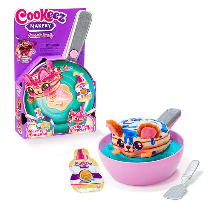 Cookeez Makery Pancake Treatz Playset with interactive plush pancake friend and accessories in packaging.