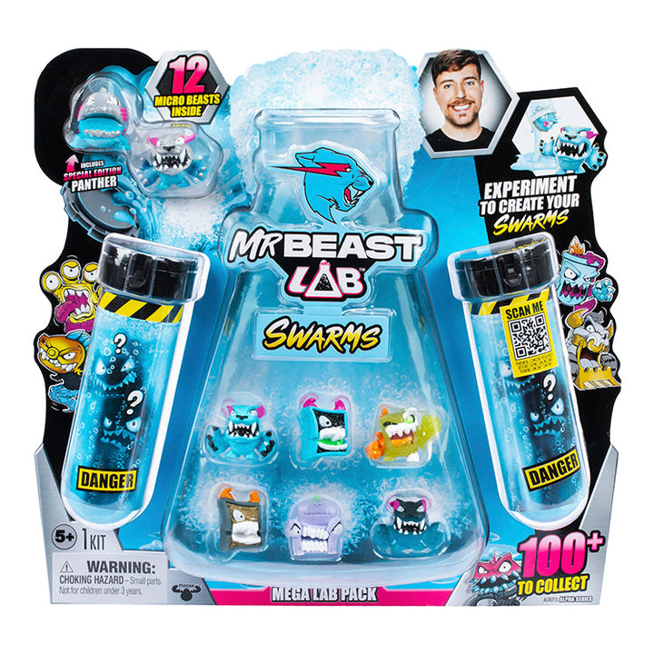 MrBeast Lab Swarms Mega Lab pack featuring 12 micro beasts, special edition Hard Head Panther, and bubbling experiment.