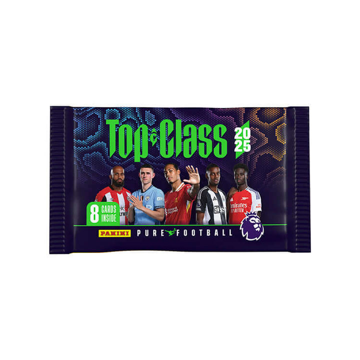 Premier League Top Class 2025 trading cards pack featuring star players and 8 cards inside.