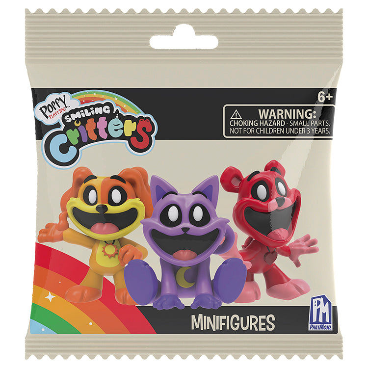 Poppy Playtime Series 4 Smiling Critters Mystery Minifigures packaging featuring three colorful characters.