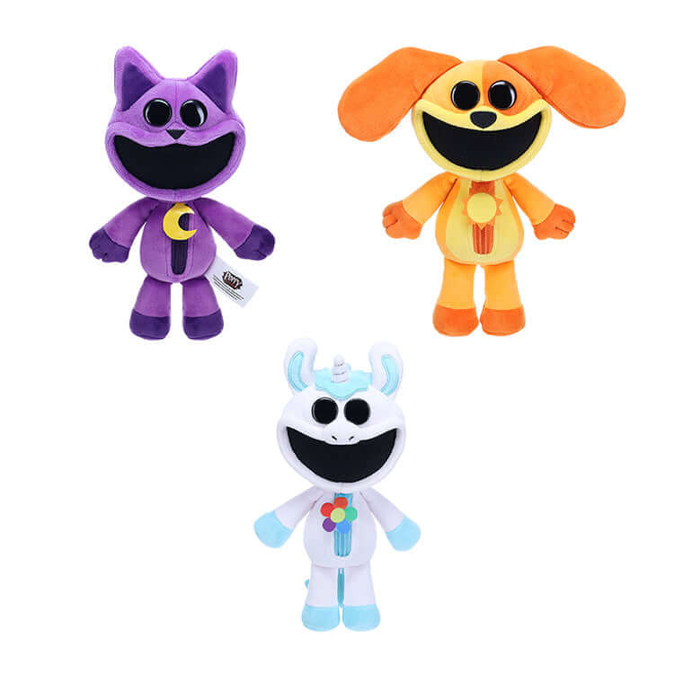 Collectable plush toys from Poppy Playtime Series 3, featuring CatNap, DogDay, and CraftyCorn, ready for play and cuddling.