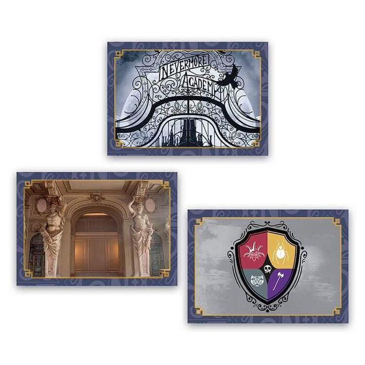 "Wednesday Nevermore Academy trading cards featuring academy entrance and crest from the Welcome Kit collection."