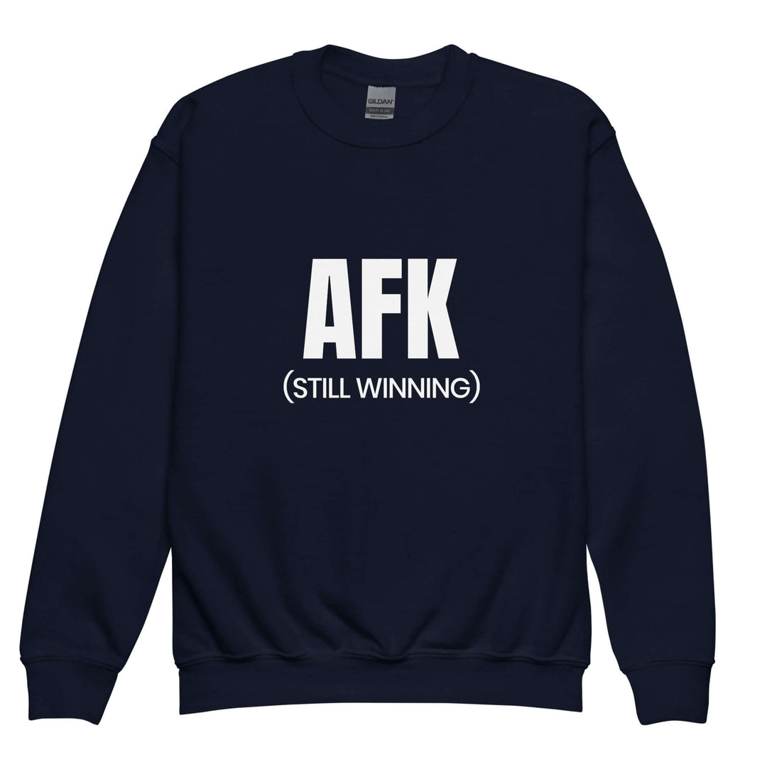 AFK youth crewneck sweatshirt in navy featuring bold white text saying &