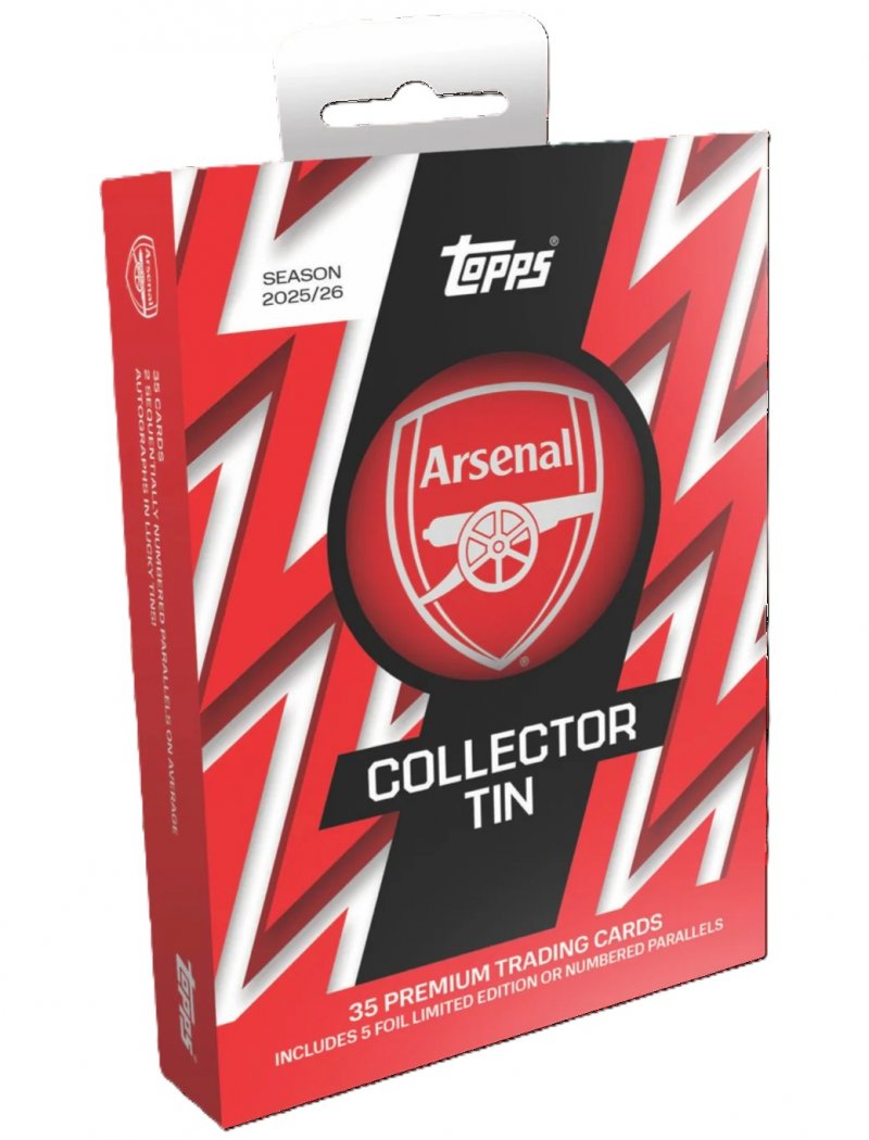 Arsenal Collectors Tin 2025-26 featuring 35 premium trading cards and unique designs.