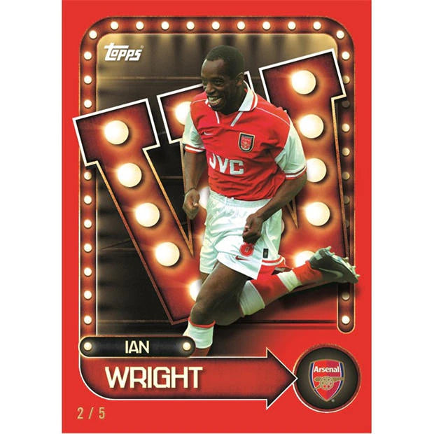 Arsenal Collectors Tin 2025-26 featuring Ian Wright card with a red background and vintage design.