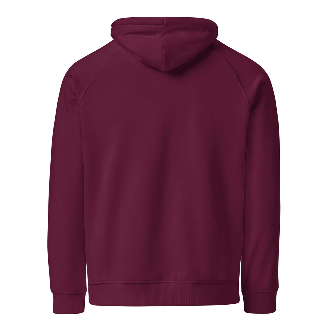 Back view of a burgundy eco-friendly unisex hoodie showcasing the comfortable raglan design.