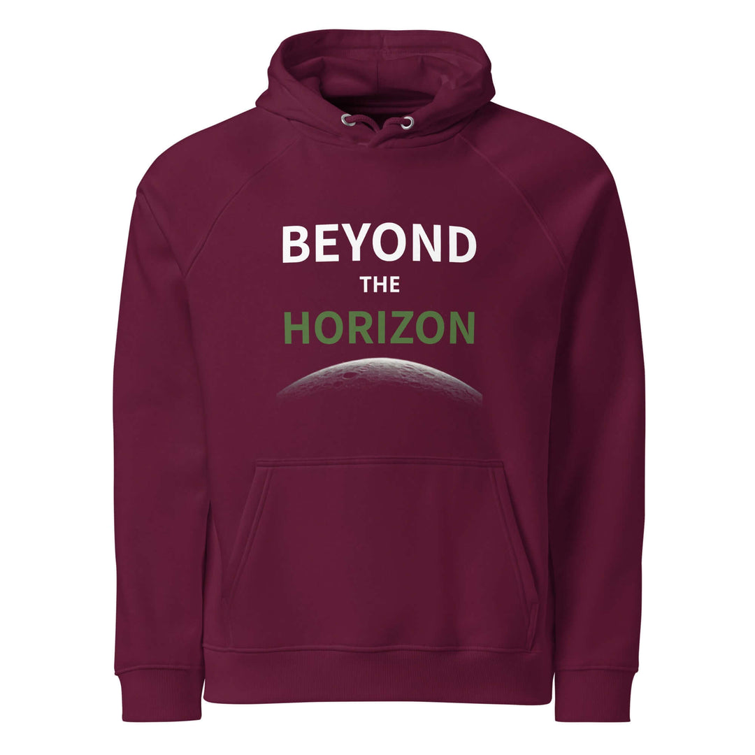 Beyond the horizon Unisex eco raglan hoodie in maroon with stylish graphic design.