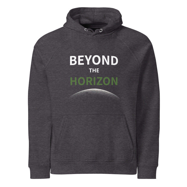 Beyond the horizon Unisex eco raglan hoodie in dark gray with stylish design and eco-friendly message.