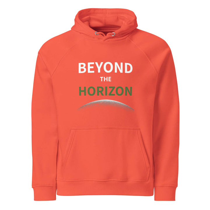 Beyond the horizon Unisex eco raglan hoodie in bright orange color with bold graphic design.