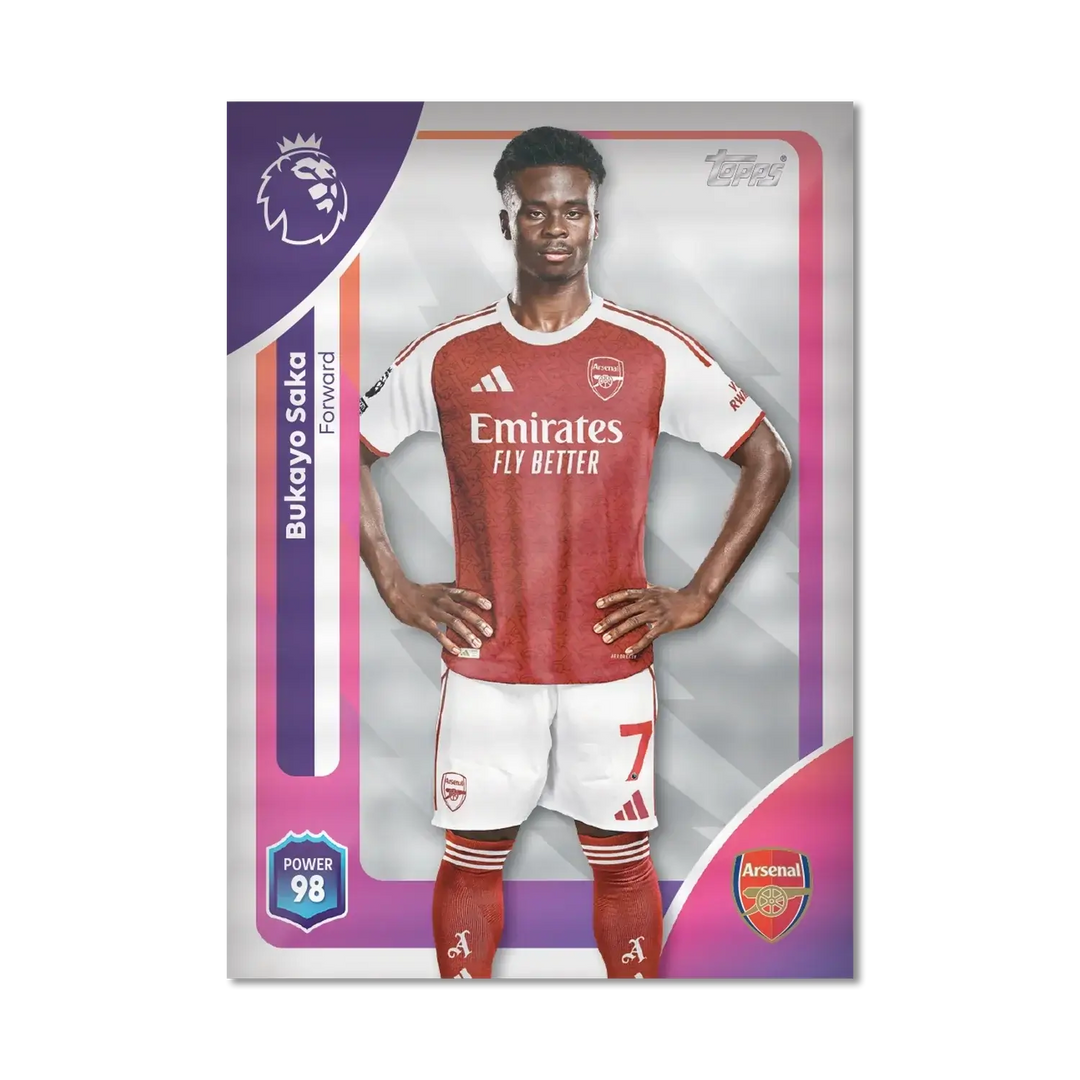 Topps Premier League trading card featuring Bukayo Saka, Arsenal forward, Power 98, vibrant design.