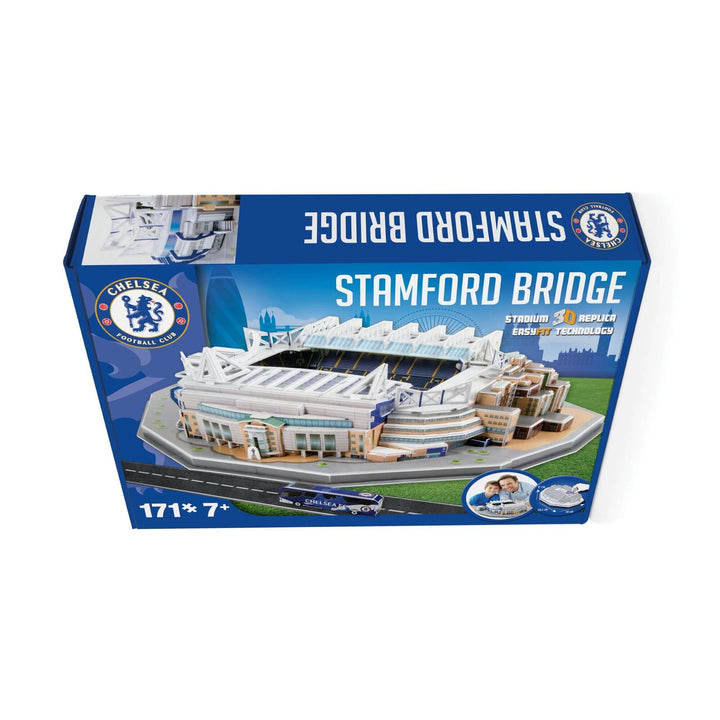 Chelsea Stamford Bridge Stadium 3D Puzzle packaging showing details and age recommendation for kids.