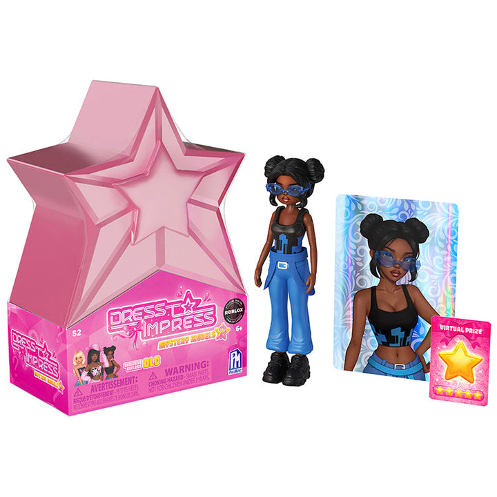 Dress To Impress Series 2 Mystery Doll Pack showcasing a posable doll, star capsule, and collector card.
