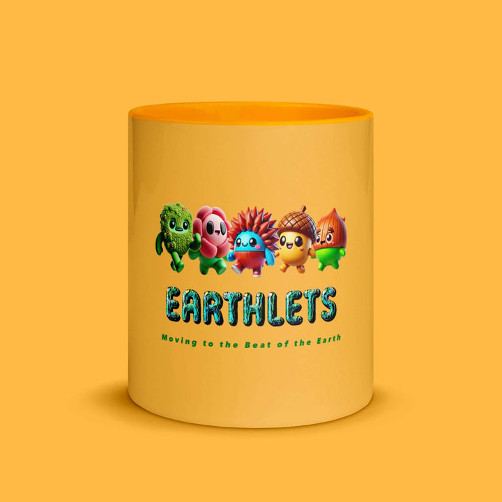 Earthlets mug featuring colorful cartoon characters and logo on a bright yellow background.
