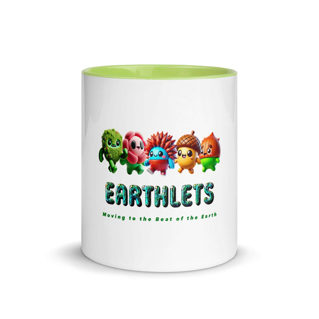 Colorful Earthlets mug featuring cute characters and vibrant green interior, perfect for custom designs.
