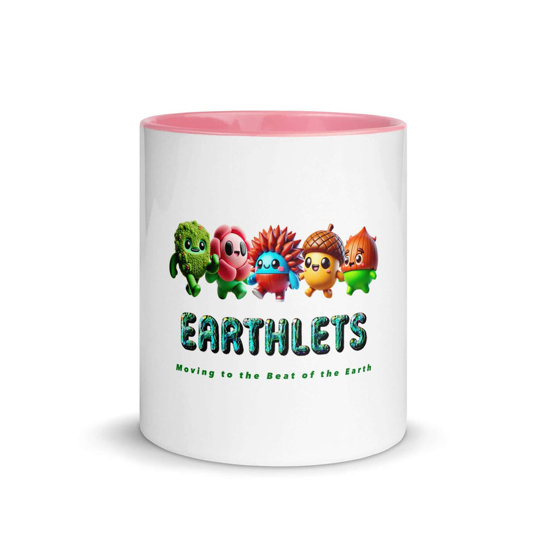 Colorful Earthlets mug featuring cute characters and a vibrant pink interior, perfect for unique designs.