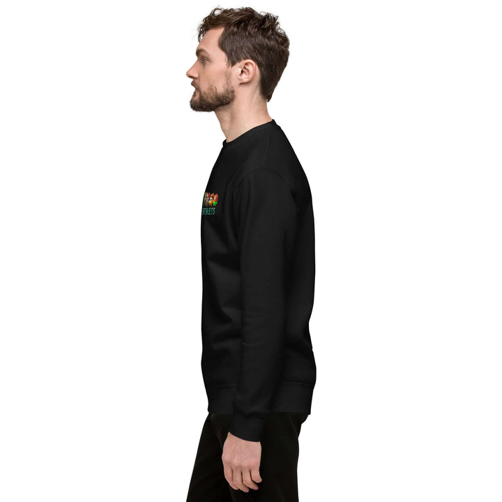 Earthlets Unisex Premium Sweatshirt worn by a man in profile view, featuring a ribbed crew neck and contemporary design.