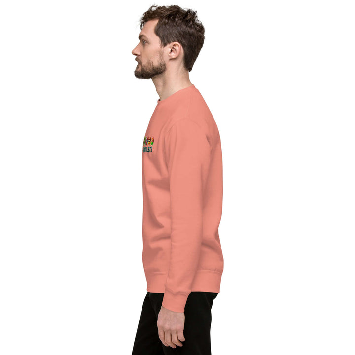 Earthlets Unisex Premium Sweatshirt shown in side profile on a male model, featuring a comfortable fit and casual design.