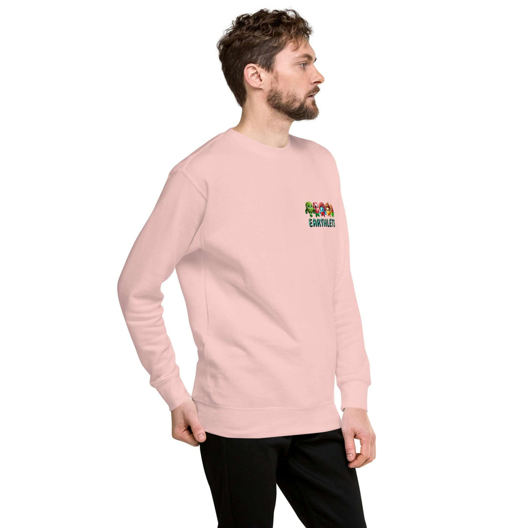 Earthlets Unisex Premium Sweatshirt in light pink, featuring a colorful graphic design on the front.