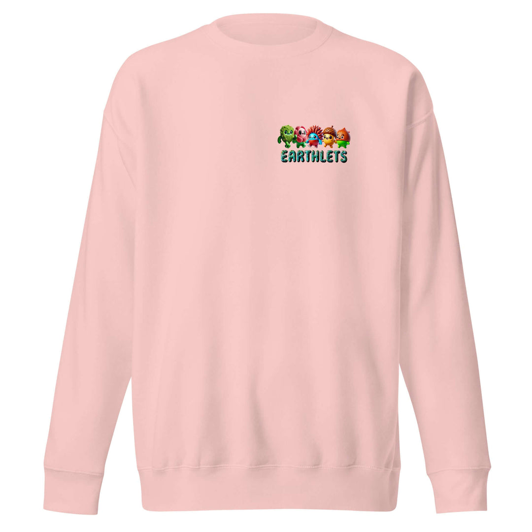 Earthlets Unisex Premium Sweatshirt in soft pink with colorful Earthlets logo and classic crew neck design.
