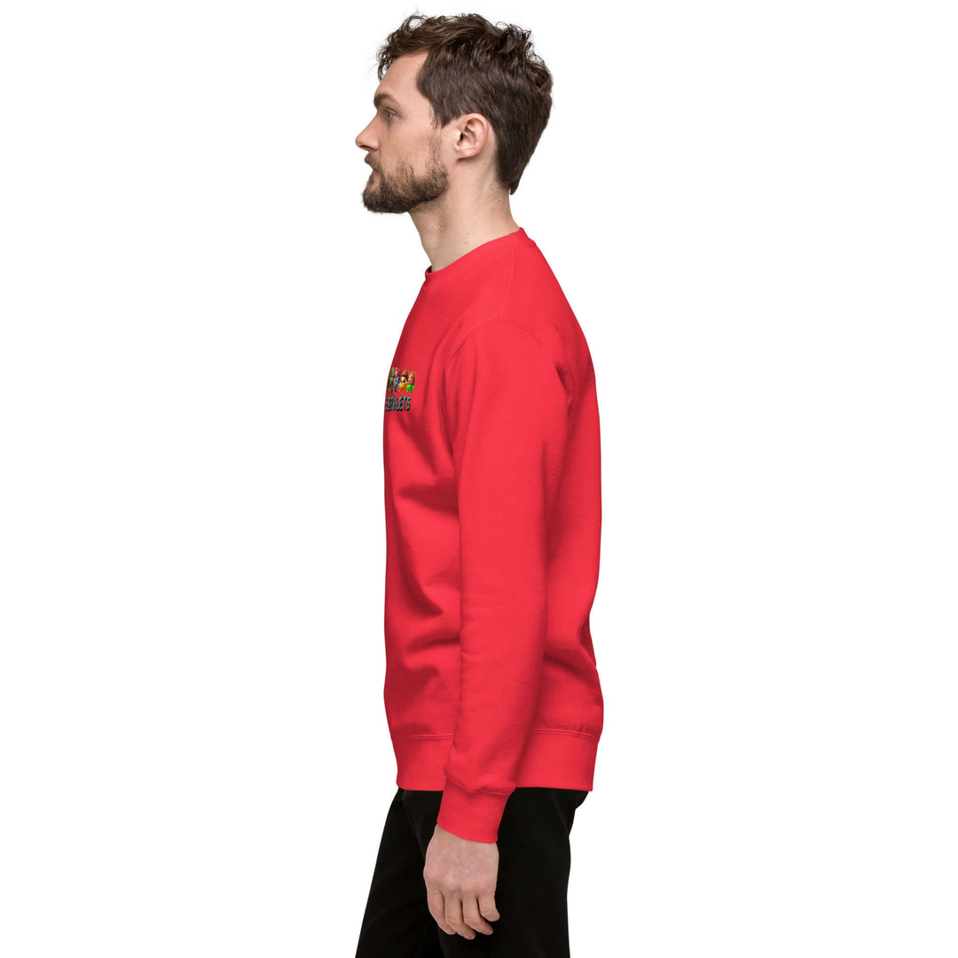 Earthlets Unisex Premium Sweatshirt showcased on a model in profile view wearing a vibrant red color.