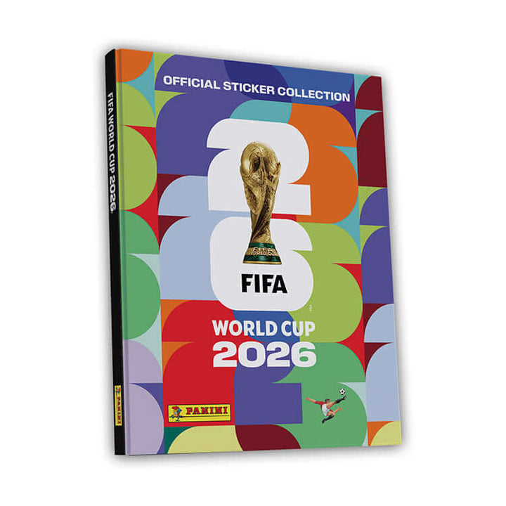 FIFA World Cup 2026 Official Sticker Collection album featuring trophy design and colorful background.