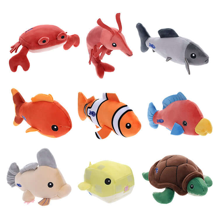 Assorted 4-inch Fisch plush collectibles featuring crab, shrimp, salmon, goldfish, clownfish, pufferfish, and sea turtle.