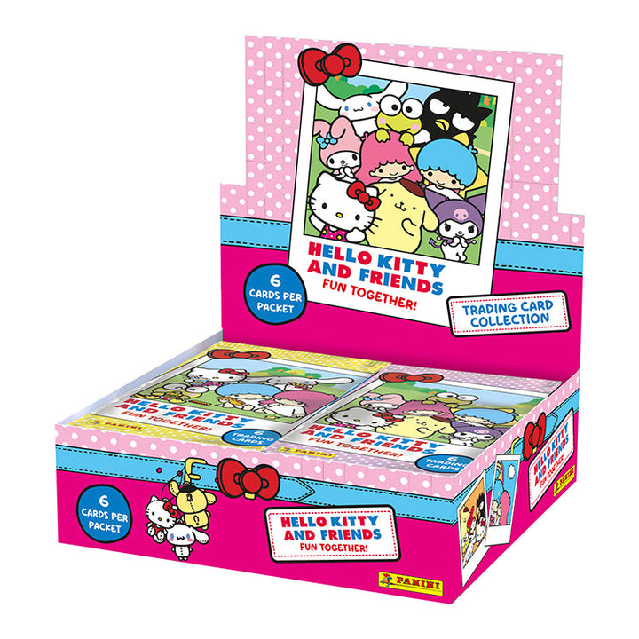 Hello Kitty Trading Card Collection display box showcasing packets of cards featuring Hello Kitty and Friends characters.