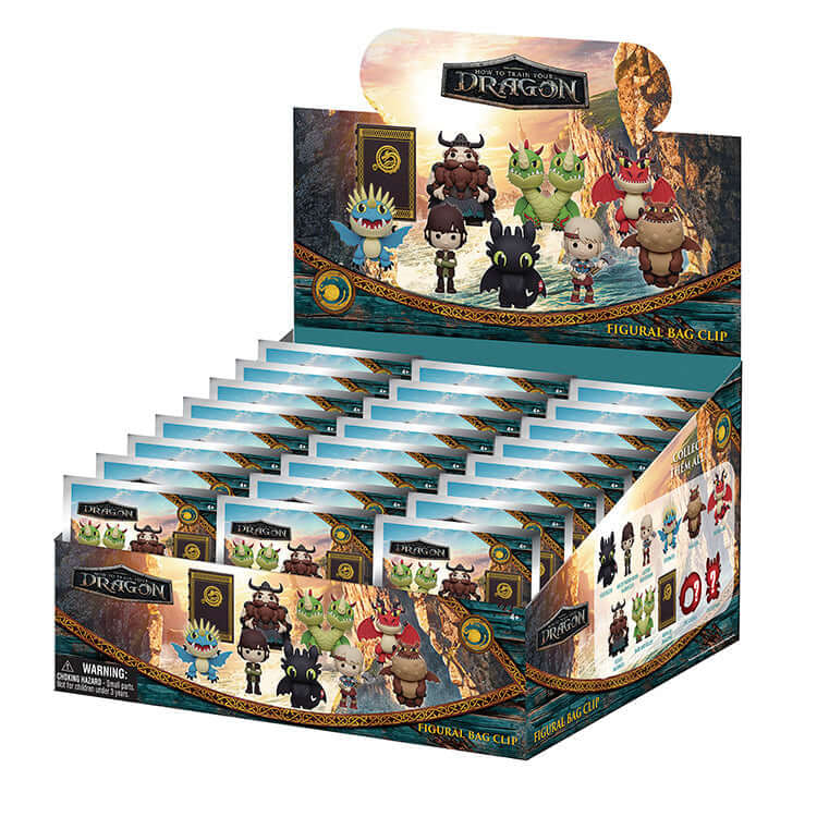 Display of How to Train Your Dragon 3D collectible keychains in blind bags, featuring fan-favorite characters.