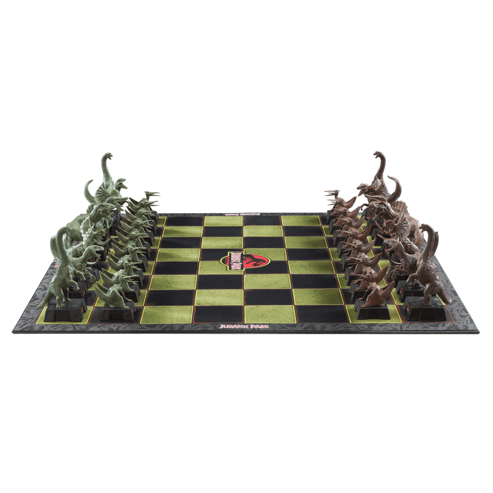 Jurassic Park Chess Set featuring dinosaur pieces on a branded chess board for Jurassic Park fans.