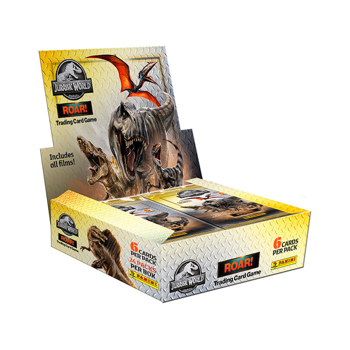 Jurassic World ROAR Trading Card Collection display box featuring dinosaur cards from all films.