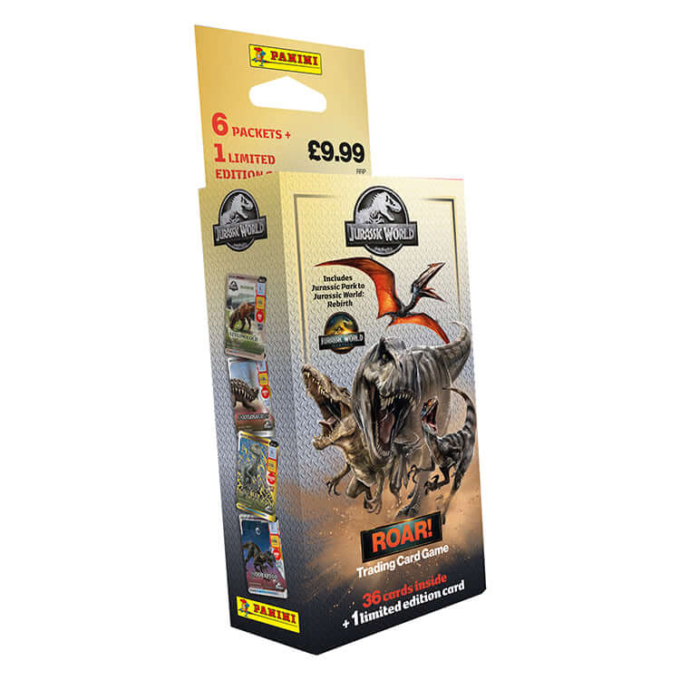 Jurassic World ROAR Trading Card Collection by Panini featuring dinosaur cards and limited edition collectible.
