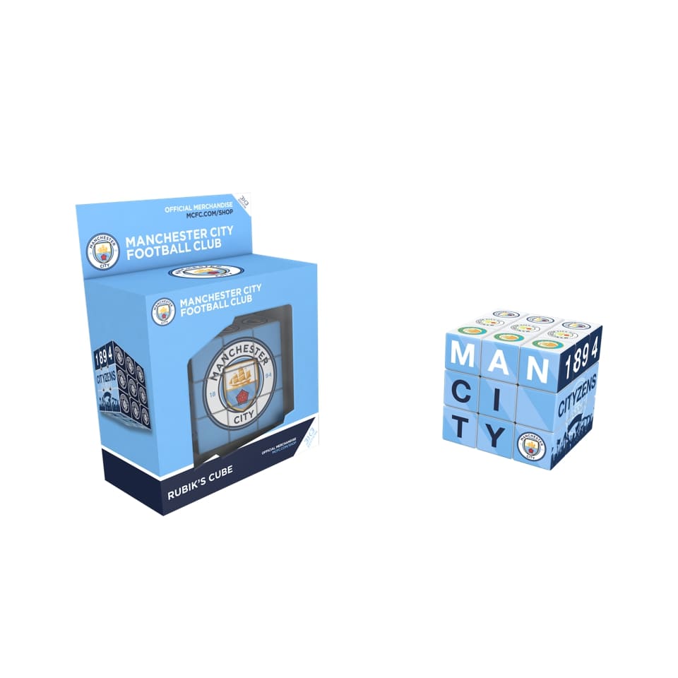 Manchester City Rubik's Cube displayed with packaging featuring Manchester City Football Club branding.