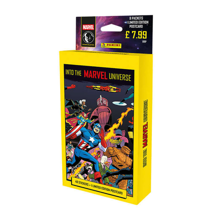 Marvel Universe Comics sticker collection box featuring superheroes and limited edition postcard by Panini.