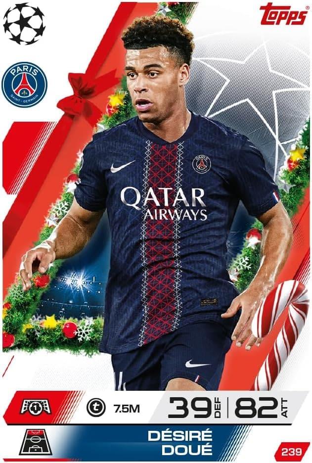 Match Attax 2025/26 - Festive Countdown Advent Calendar featuring Désiré Doué Paris Saint-Germain card with festive design.