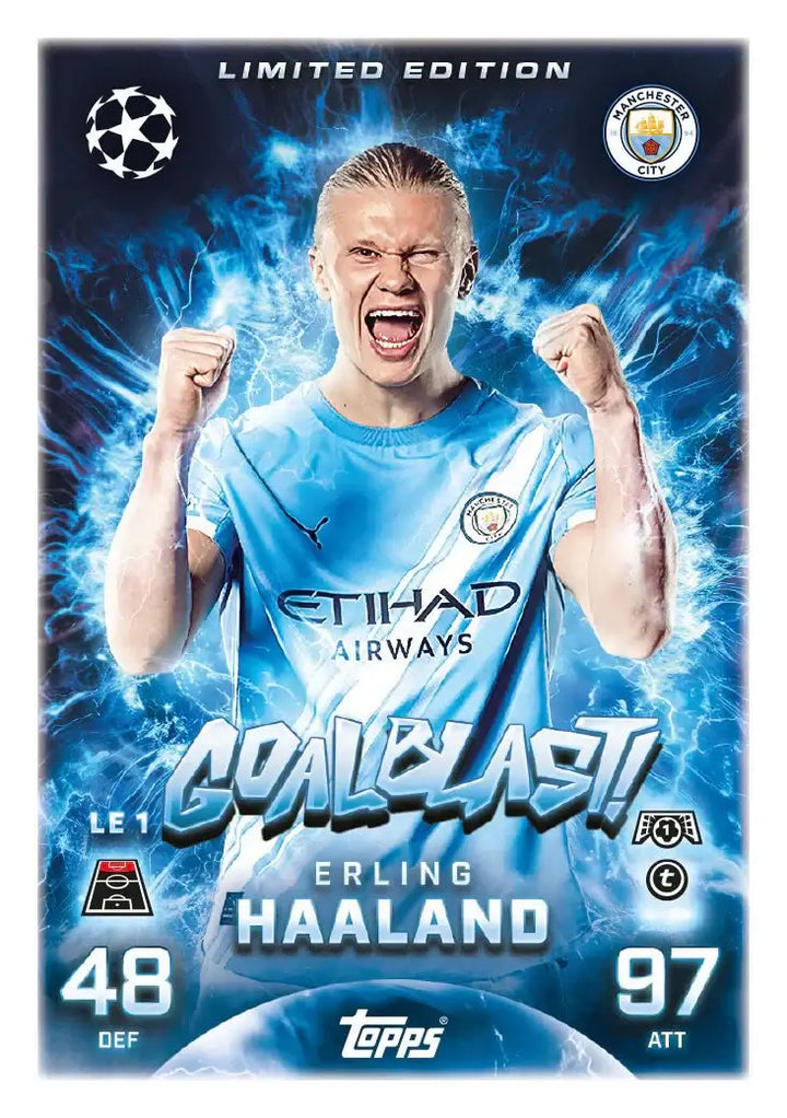 Match Attax 25/26 - Starter Pack featuring limited edition Goalblast card of Erling Haaland with impressive stats.