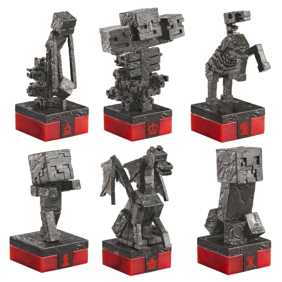 Minecraft Chess Set Overworld Heroes vs Hostile Mobs collectible chess pieces in black and red design.