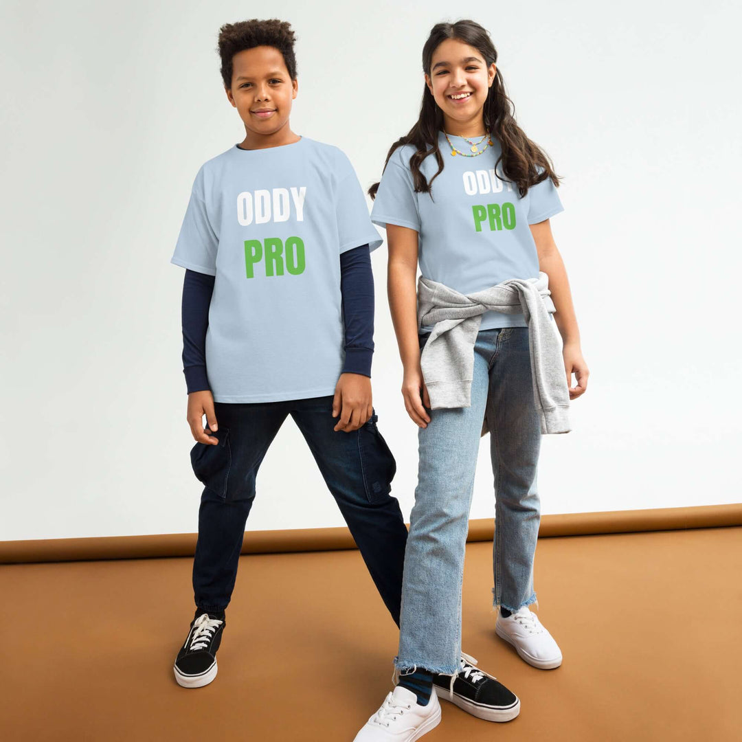 Kids wearing Oddy Pro Youth classic t-shirt in light blue, showcasing style and comfort for youthful adventures.