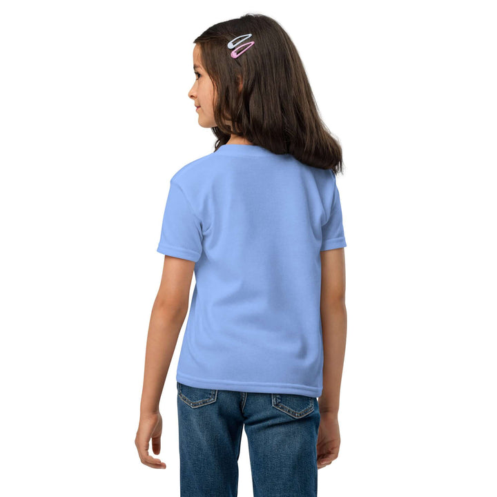 Back view of a girl wearing an Oddy Pro Youth t-shirt in light blue, showcasing its modern fit and comfort.