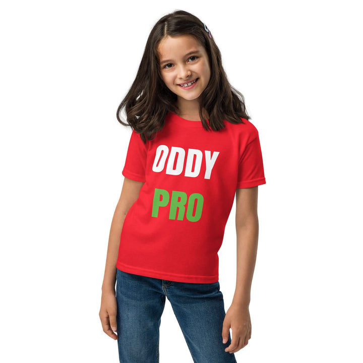 Oddy Pro Youth t-shirt in vibrant red worn by girl, showcasing moisture-wicking fabric and modern fit.