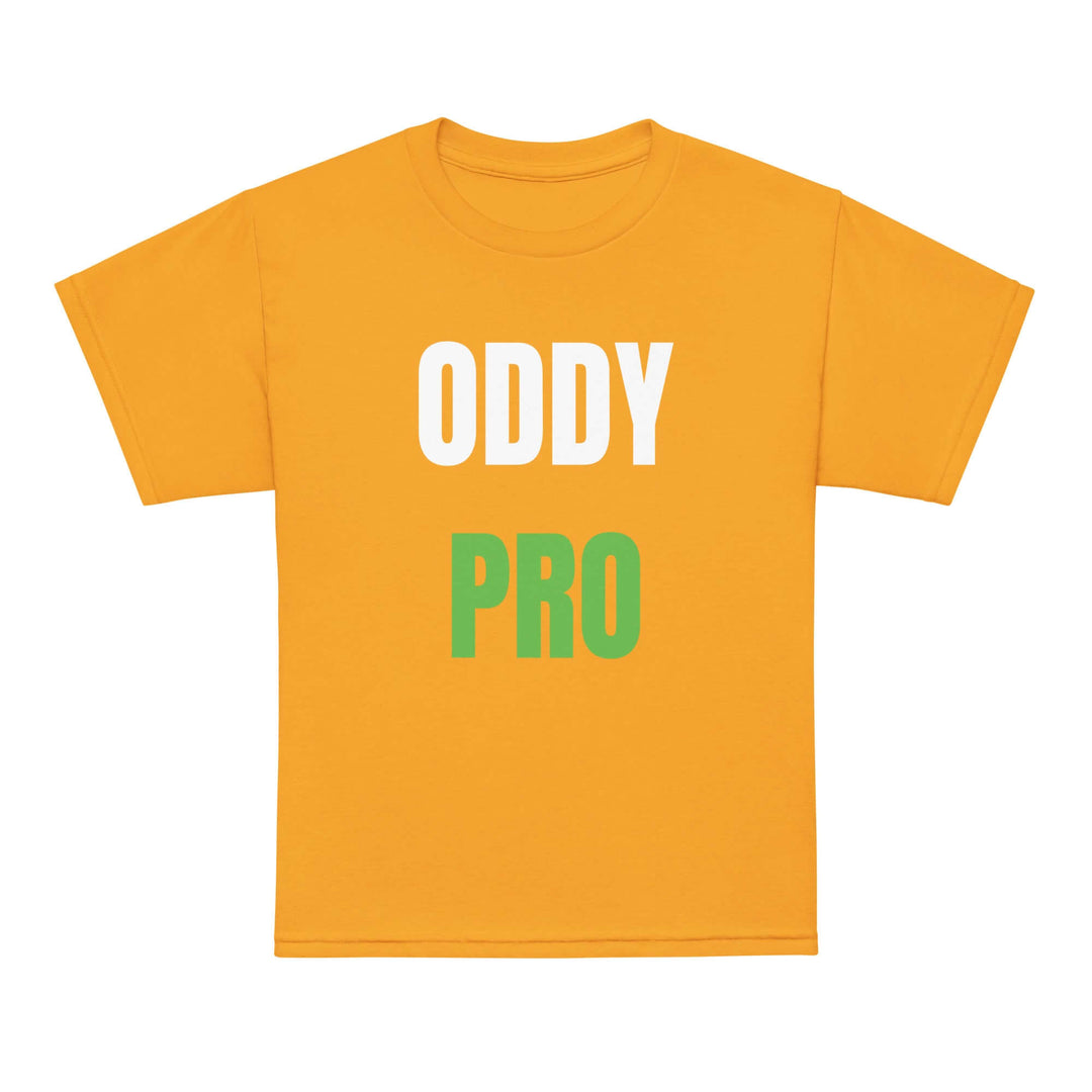 Oddy Pro Youth t-shirt in vibrant yellow color with bold graphic design, perfect for kids' active days.