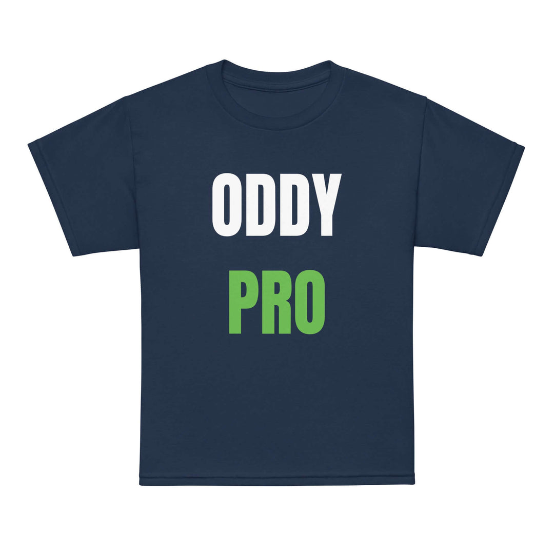 Oddy Pro Youth t-shirt in navy blue with bold white and green print, perfect for active kids.