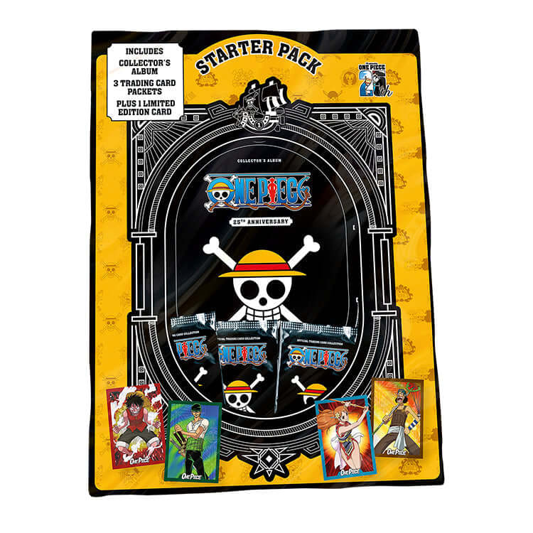 One Piece trading card collection starter pack, featuring collectible cards and a collector's album from the 25th-anniversary edition.
