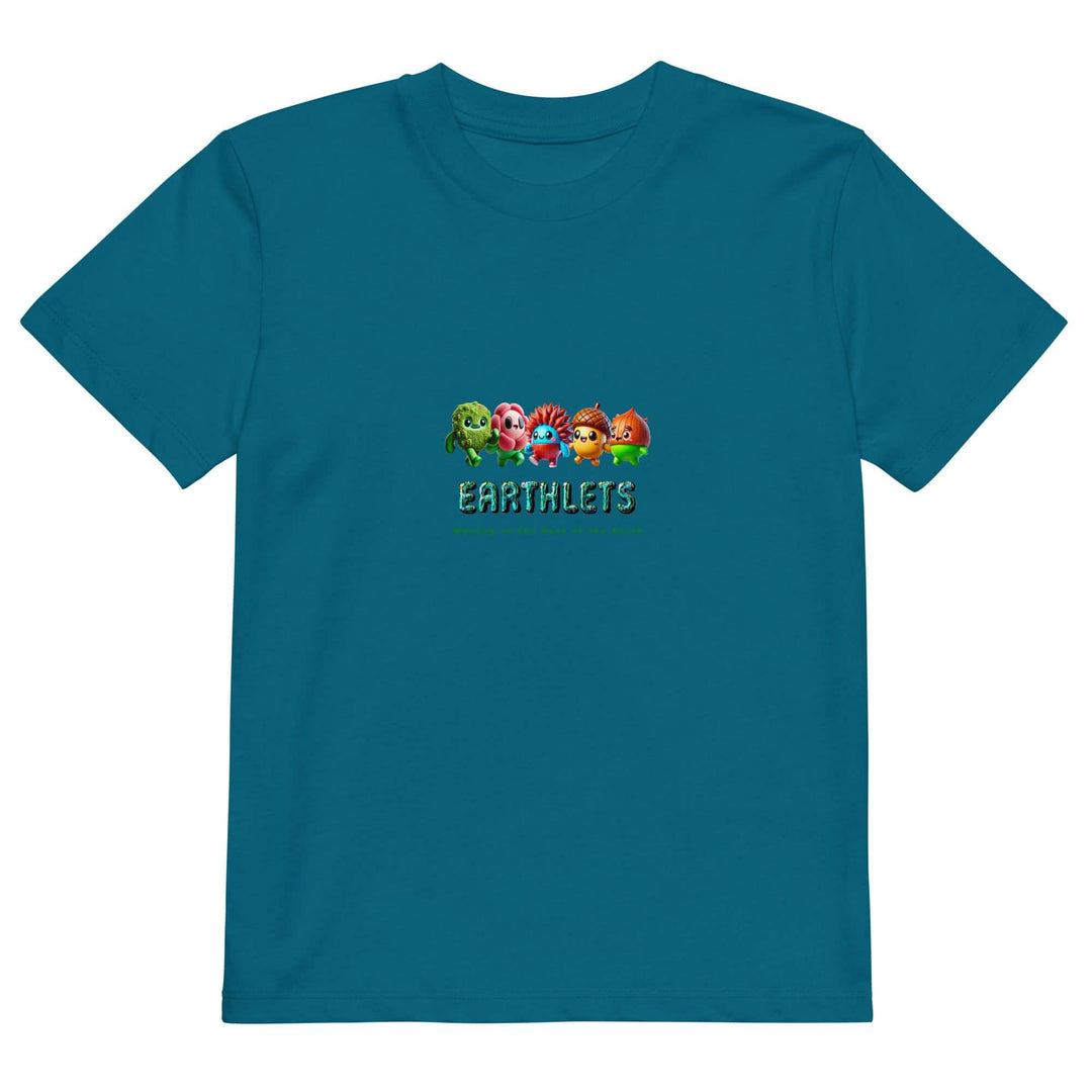Earthlets organic cotton kids t-shirt in teal with colorful cartoon characters design.