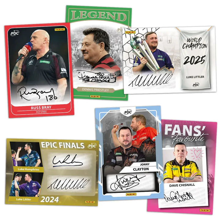 PDC World Championship Darts 2026 Trading Card Collection Premium Box featuring player cards and signatures.
