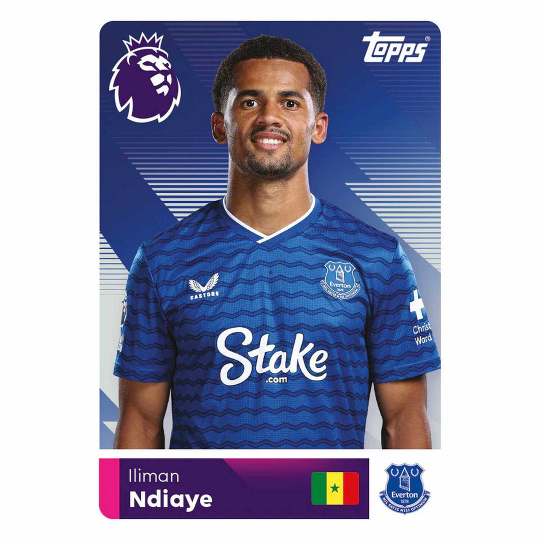 Premier League 2026 Stickers Starter Pack featuring Iliman Ndiaye from Everton in official Topps design.