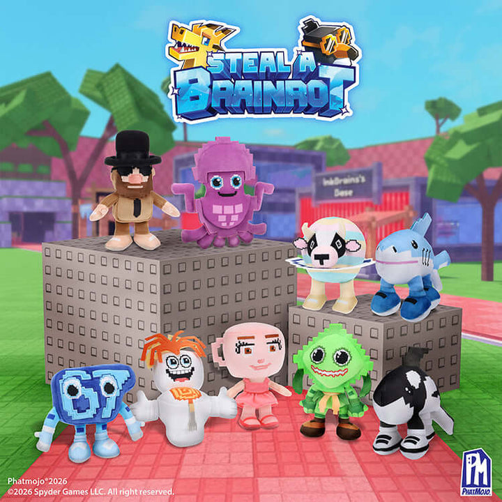 Steal A Brainrot 4" Collectible Plush characters displayed on blocks in a vibrant gaming environment.