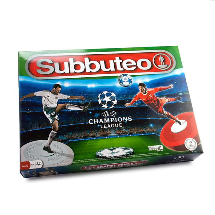 Subbuteo Champions League Main Game box featuring football players and UEFA logo.