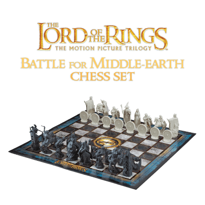The Lord of the Rings - Battle For Middle Earth Chess Set displayed with iconic character pieces on a playing board.