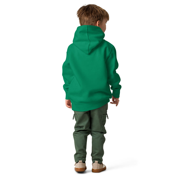 Boy wearing Oddy Pro Toddler fleece pullover hoodie from the back, showcasing its soft green color and relaxed fit.